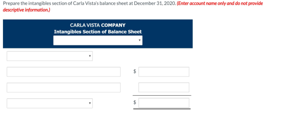 Prepare the intangibles section of Carla Vistas balance sheet at December 31, 2020. (Enter account name only and do not prov