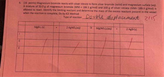 6. (16 points) Magnesium bromide reacts with silver nitrate to form silver bromide (solid) and magnesium sulfate (aq). A mixt