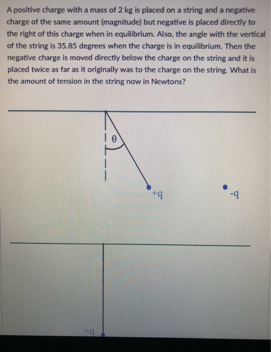 A positive charge with a mass of 2 kg is placed on a string and a negative charge of the same amount (magnitude) but negative is placed directly to the right of this charge when in equilibrium. Also, the angle with the vertical of the string is 35.85 degrees when the charge is in equilibrium. Then the negative charge is moved directly below the charge on the string and it is placed twice as far as it originally was to the charge on the string. What is the amount of tension in the string now in Newtons? +q -q