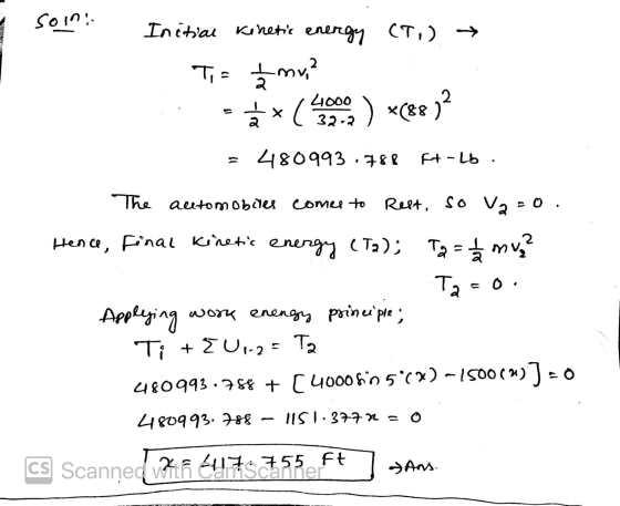 soin. Initial kinetic energy (T1) 2 Ti = =mv, ях ( Дооо 32-2 480993 780 p4 - Lь . The automobiles comes to Rest, so Va=0. Hen