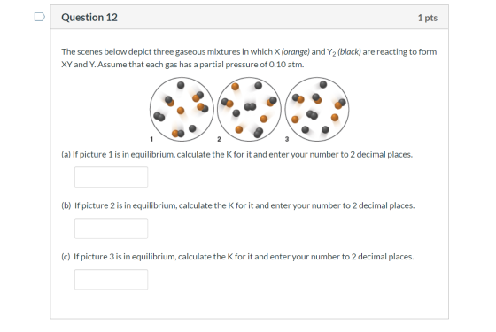 Question 12 1 pts The scenes below depict three gaseous mixtures in which X (orange) and Y2 (black) are reacting to form XY a