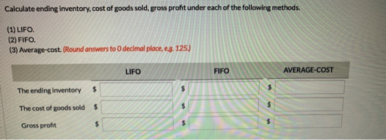 Calculate ending inventory, cost of goods sold, gross profit under each of the following methods. (1) LIFO. (2) FIFO. (3) Ave
