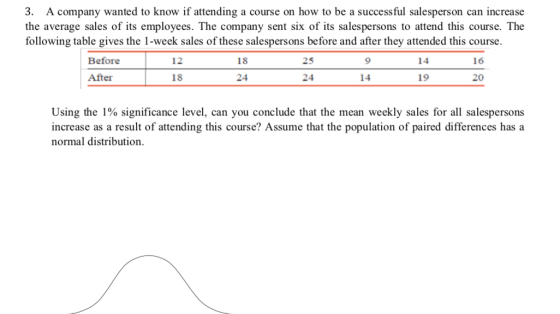 3. A company wanted to know if attending a course on how to be a successful salesperson can increase the average sales of its