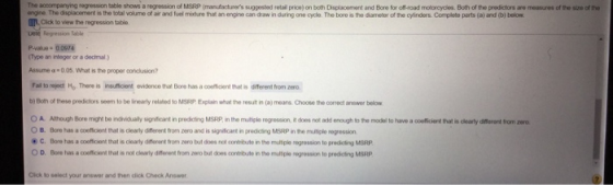 of the The companying regressione whows a regression of MSRP manufacturers suggested retail prices on both Displacement and