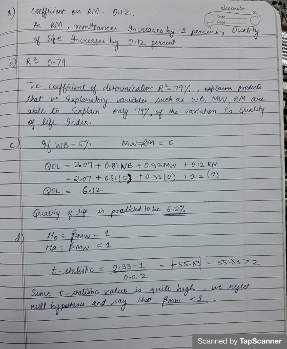 classmate Date Page coefficient on RM = 0.12, AS RM remittances Increased by 1 percent, Quality of life Increases by 0-12 per