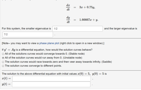 = 3x +0.75y, = 1.66667x + y. For this system, the smaller eigenvalue is 1/2 and the larger eigenvalue is 7/2 [Note-- you may