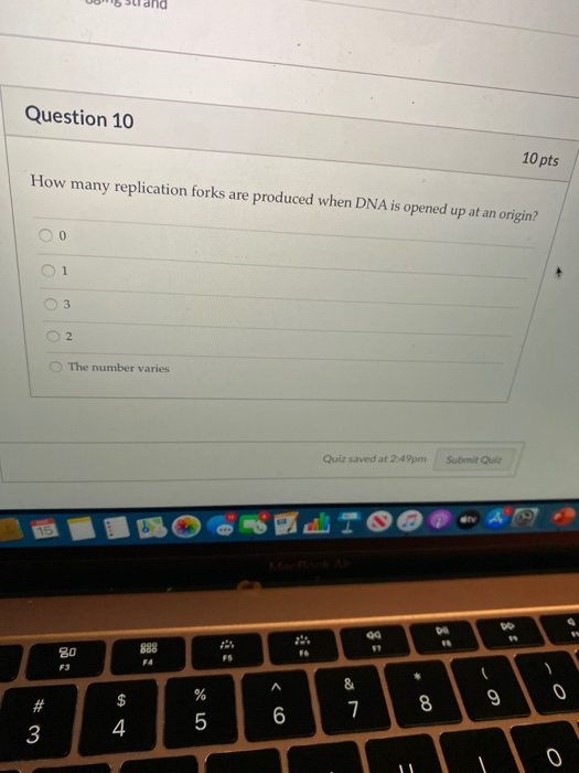 00116 Slidnd Question 10 10 pts How many replication forks are produced when DNA is opened up at an origin? Oo 01 O2 The numb