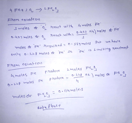 4 Fexa - 2F03 From equation 3 moles of o react with 4 moles Fé I moles of o react with = 0.427 44) moles of Fe. moles of fe r