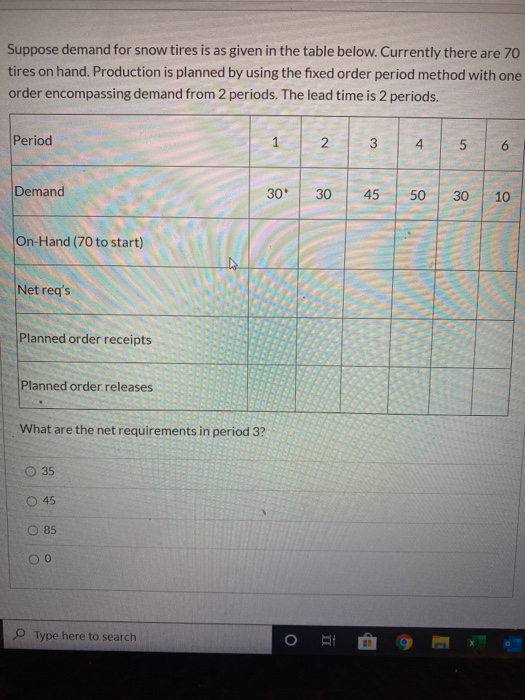 Suppose demand for snow tires is as given in the table below. Currently there are 70 tires on hand. Production is planned by