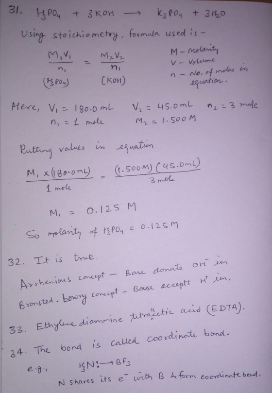 131. 13 pou + 3 kon K₃PO4 + 3460 Using stoichiometry, formula used is- Mivi - Ma Vz M - molanity ni n-No. of moles in (4 Pou)