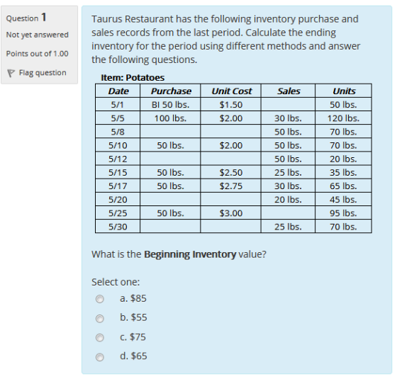 Question 1 Not yet answered Points out of 1.00 Flag question Taurus Restaurant has the following inventory purchase and sales