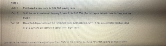 Year 3 July 1 Oct 2 Purchased a new truck for $54.000, paying cash. Sold the truck purchased January 6, Year 2 for $16.750. (