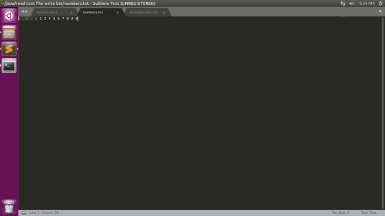 -/java/read text file write bin/numbers.txt - Sublime Text (UNREGISTERED) t0) 9:34 AM numbers.txt binary Number.dat solution.
