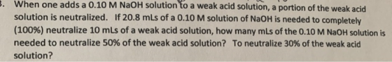 s. When one adds a 0.10 M NaOH solution to a weak acid solution, a portion of the weak acid solution is neutralized. If 20.8