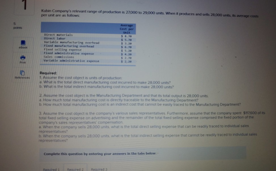 Kubin Companys relevant range of production is 27,000 to 29.000 units. When it produces and sells 28,000 units, its average