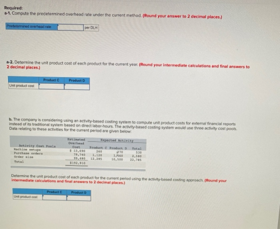 Required: a-1. Compute the predetermined overhead rate under the current method. (Round your answer to 2 decimal places.) Pre