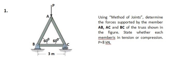 1. A Using Method of Joints, determine the forces supported by the member AB, AC and BC of the truss shown in the figure. S