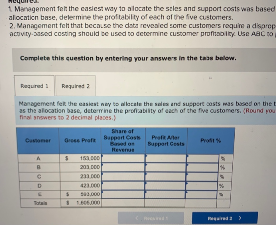 Requireu: 1. Management felt the easiest way to allocate the sales and support costs was based allocation base, determine the