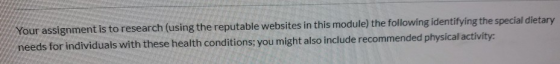 Your assignment is to research (using the reputable websites in this module) the following identifying the special dietary ne