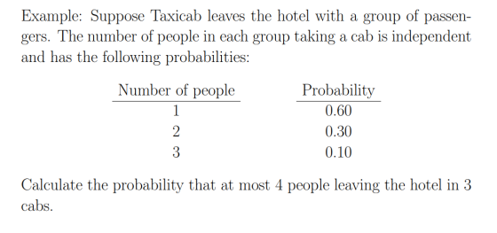 Example: Suppose Taxicab leaves the hotel with a group of passen- gers. The number of people in each group taking a cab is in