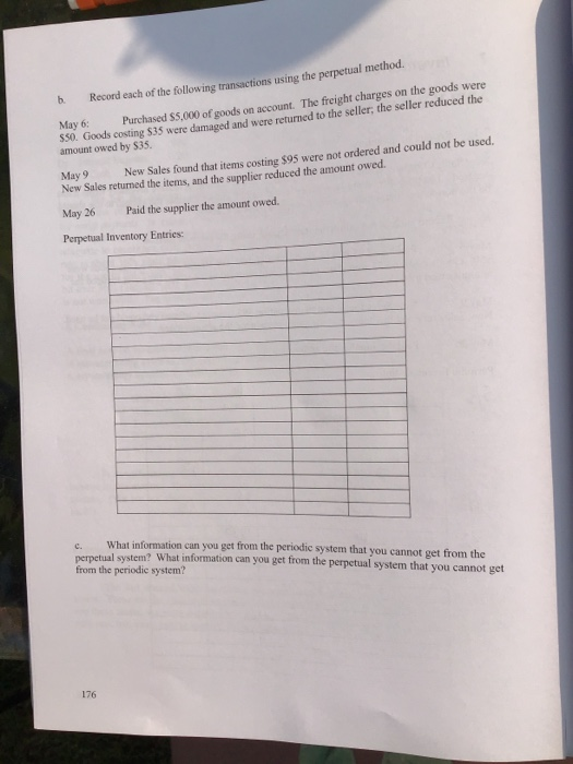 b Record each of the following transactions using the perpetual method. May 6: Purchased $5,000 of goods on account. The frei