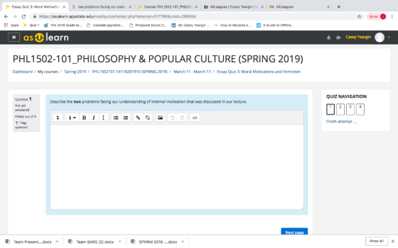 Essay Quiz 3: Moral Motivatio x G two problems facing our unde x y course: PHL1502 101 PHILOS x M e gues Casey Yargin x MLeag