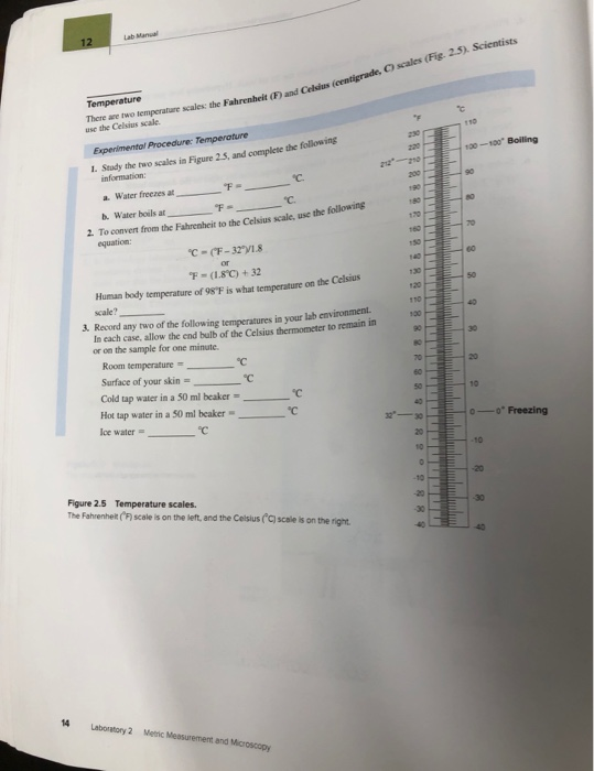 Lab Manual 12 Temperature There are two temperature scales: the Fahrenbeit (F) and Celsius (centigrade, C) scales (Fig. 2.5).