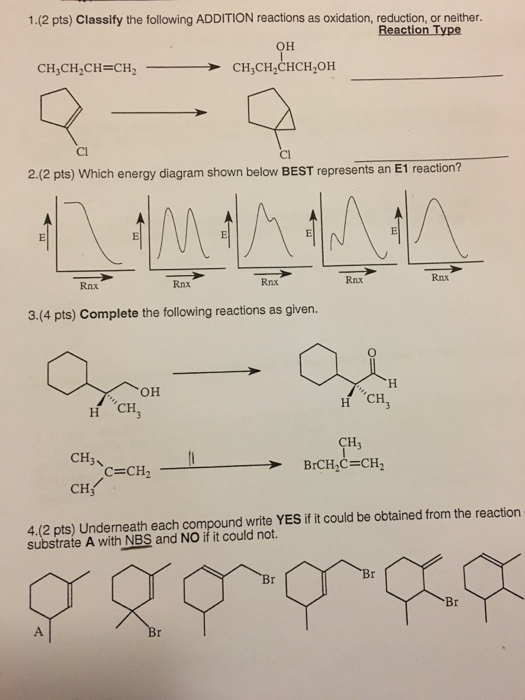 1.(2 pts) Classify the following ADDITION reactions as oxidation, reduction, or neither. Reaction Type CH,CH-CH=CH2 → CH3CH2CHCH2OH Cl Cl 2.(2 pts) Which energy diagram shown below BEST represents an E1 reaction? Rnx Rnx 3.(4 pts) Complete the following reactions as given. CH CH3 CHj 4.(2 pts) Underneath each compound write YES if it could be obtained from the reaction substrate A with NBS and NO if it could not. Br