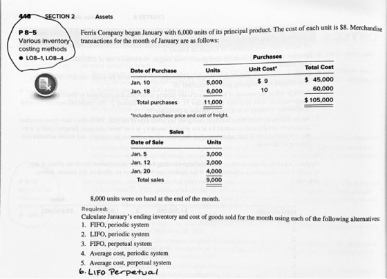 440 SECTION 2 P 8-5 Various inventory costing methods • LO8-1, LO8-4 Assets Ferris Company began January with 6,000 units of
