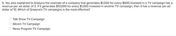 5. You also explained to Grazyna the example of a company that generates $1,000 for every $500 invested in a TV campaign has