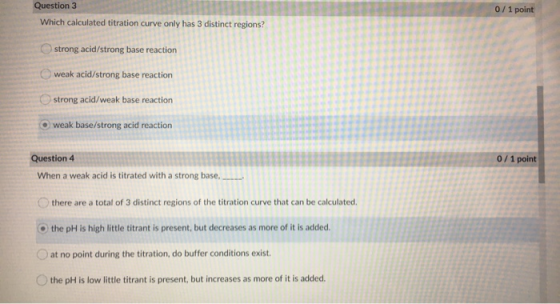 0/1 point Question 3 Which calculated titration curve only has 3 distinc strong acid/strong base reaction weak acid/strong ba