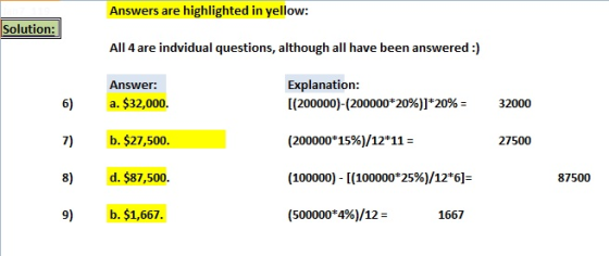 Answers are highlighted in yellow: Solution: All 4 are indvidual questions, although all have been answered:) Answer: Explanation: 6) a. $32,000. 7) 8) 9) b. $1,667 [(200000)-(200000*20%)]*20%-32000 (200000*15%)/12*11- (100000)-[(100000*25%)/12*61- (500000496)/12- b. $27,500. 27500 d. $87,500 87500 1667