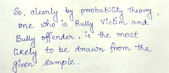 So, clearly by probability theory, one who is Bully victim and Bully offender, is the most likely to be drawn from the giver