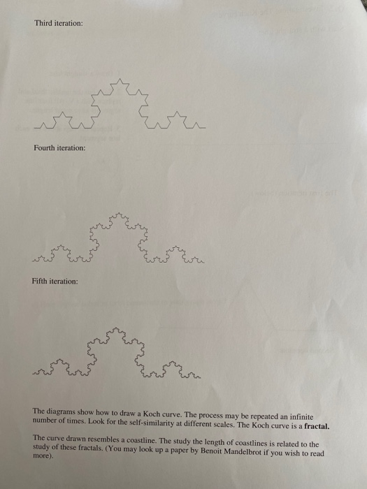 Third iteration: www Fourth iteration: Fifth iteration: The diagrams show how to draw a Koch curve. The process may be repeat