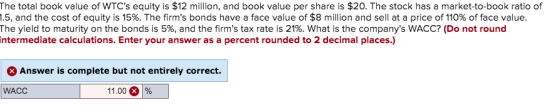 The total book value of WTCs equity is $12 million, and book value per share is $20. The stock has a market-to-book ratio of