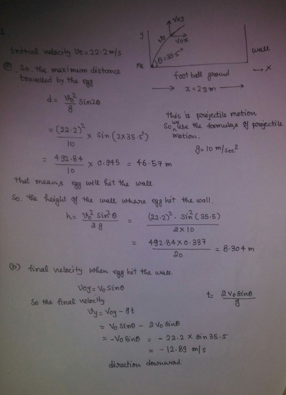 Voy vox wall Me 60=35.5 روس initial velocity vo = 22.2m/s @ so, the maximum distance travelled by the egg foot ball ground x=