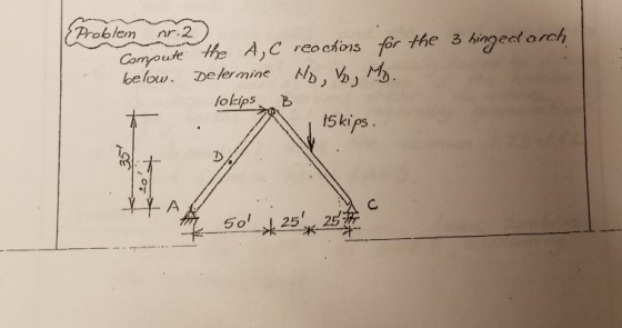 Problem nr.2 Compoute e AC reacons for the 3 hingeat arch below. vekermine No, %, Mb lokips B 15ki 0 C. 5o 25 25