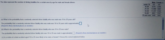The data represent the number of driving fatalities for a certain area by age for male and female drivers. Male Female under