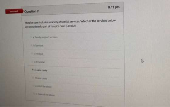 0/1 pts Incorrect Question 9 Hospice care includes a variety of special services. Which of the services below are considered