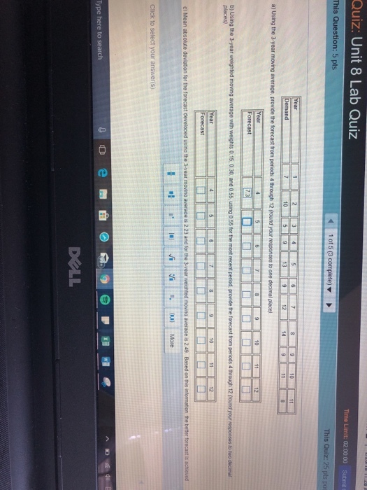 Quiz: Unit 8 Lab Quiz Time Limit: 02 0000 Submtc This on: 5 pts This Quiz: 25 pts pos 10 10 places) cl) ULL