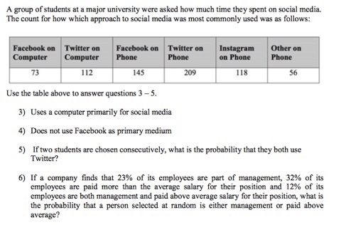 A group of students at a major university were asked how much time they spent on social media. The count for how which approach to social media was most commonly used was as follows: Facebook on Twitter on Facebook on Twitter on Instagram Other on Computer Computer Phone Phone on Phone Phone 73 112 209 118 56 Use the table above to answer questions 3-5. 3) Uses a computer primarily for social media 4) Does not use Facebook as primary medium 5) If two students are chosen consecutively, what is the probability that they both use Twitter? 6) If a company finds that 23% of its employees are part of management, 32% of its employees are paid more than the average salary for their position and 12% of its employees are both management and paid above average salary for their position, what is the probability that a person selected at random is either management or paid above average?