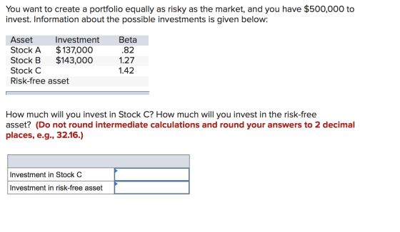 You want to create a portfolio equally as risky as the market, and you have $500,000 to invest. Information about the possibl