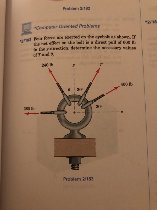 Problem 2/182 2/18 Computer-Oriented Problems Four forces are exerted on the eyebolt as shown. If the net effect on the bolt is a direct pull of 600 lb in the y-direction, determine the necessary values of T and 8 2/183 240 lb 400 lb 30° 360 lb 30° Problem 2/183