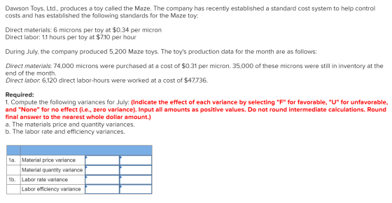 Dawson Toys, Ltd., produces a toy called the Maze. The company has recently established a standard cost system to help contro