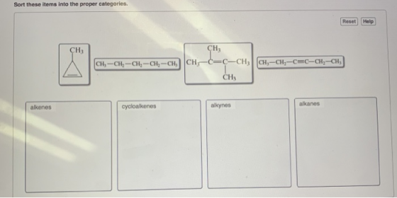 Sort these items into the proper categories. Reset Help Cha alkanes alkynes cycloalkenes alkenes