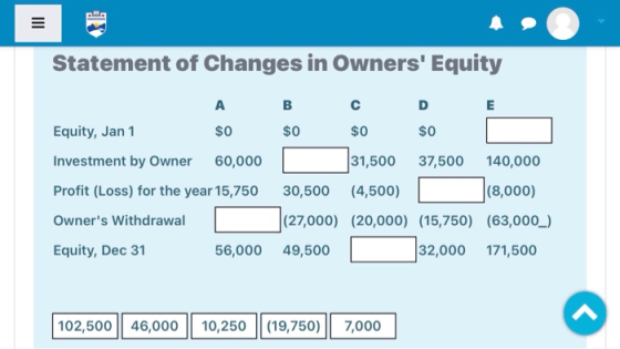 Statement of Changes in Owners Equity А B с D E Equity, Jan 1 $0 $0 $0 $0 Investment by Owner 60,000 31,500 37,500 140,000 P