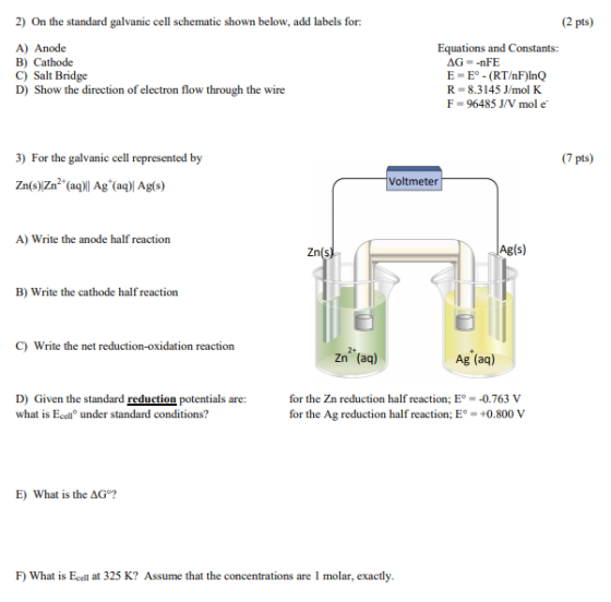 2) On the standard galvanic cell schematic shown below, add labels for: (2 pts) A) Anode B) Cathode C) Salt Bridge D) Show th