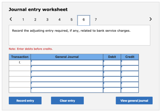 Journal entry worksheet < 1 2 3 4 5 Record the adjusting entry required, if any, related to bank service charges. Note: Enter