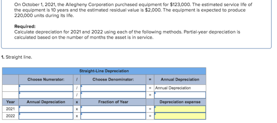 On October 1, 2021, the Allegheny Corporation purchased equipment for $123,000. The estimated service life of the equipment i