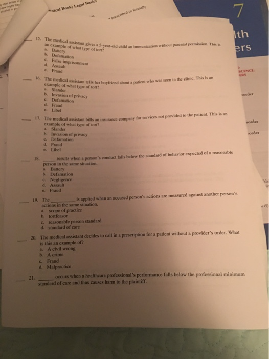 mical Book) Legal Basket 15. The medical assistant gives a 5-year-old ers is her boyfriend about a patient who was seen in th